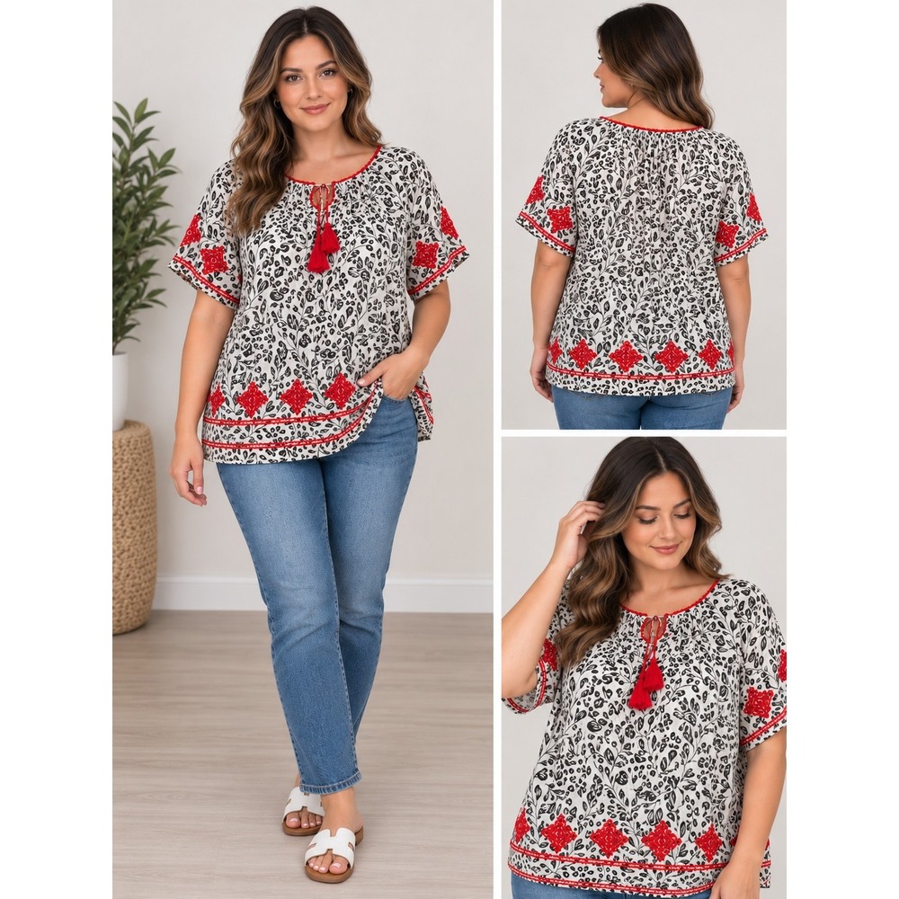 J Jill Women's LP Black White Red Embroidered Peasant Tunic Blouse Boho Tassel